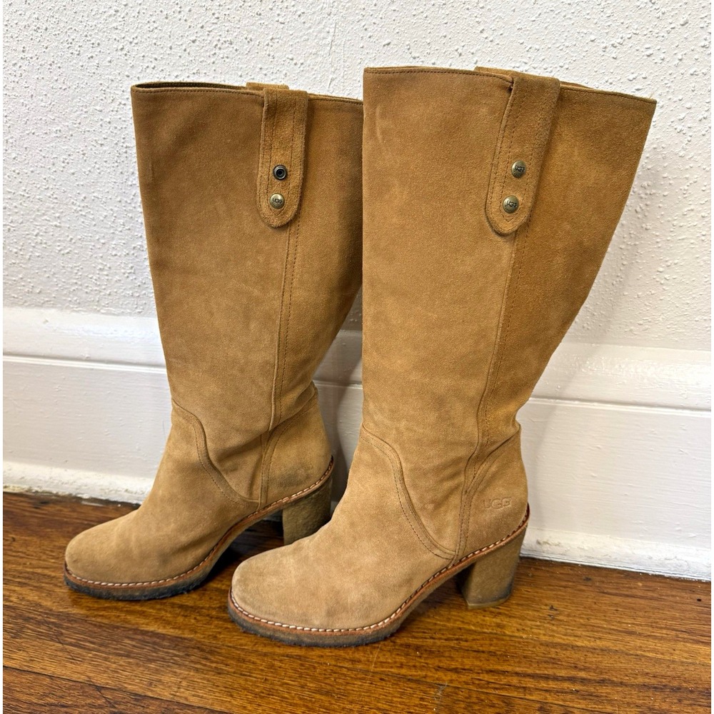 UGG Women's Brown Suede Knee High Pull On Boots Button Logo Round Toe US 7.5